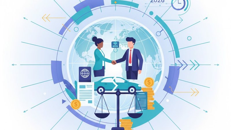 Современная иллюстрация на тему юридической помощи при ДТП с участием иностранцев, тренды 2026 года.