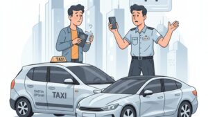 Современная иллюстрация на тему юридической помощи при ДТП с участием иностранного таксиста.
